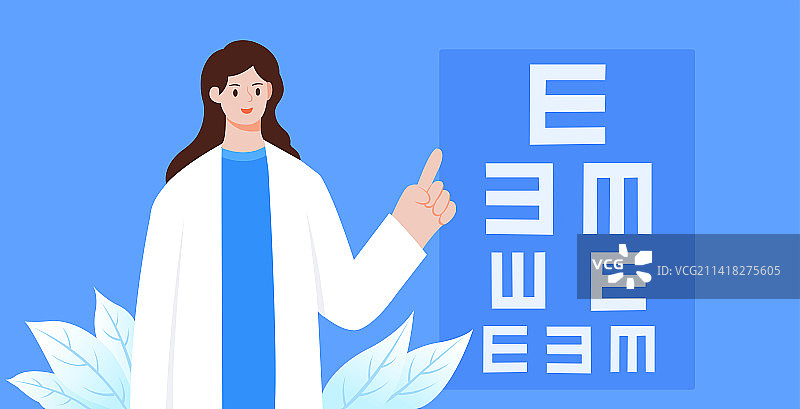 世界爱眼日近视眼保护眼睛视力测试医疗矢量插画，女医生指着视力表眼睛表预防近视散光矢量插画全国爱眼日图片素材