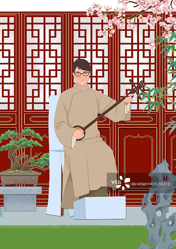 穿长袍的男子庭院里评弹图片素材