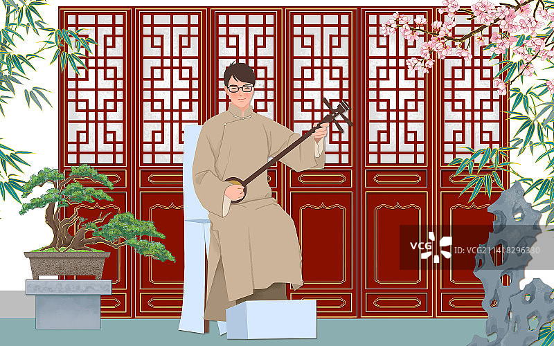 穿长袍的男子庭院里评弹图片素材