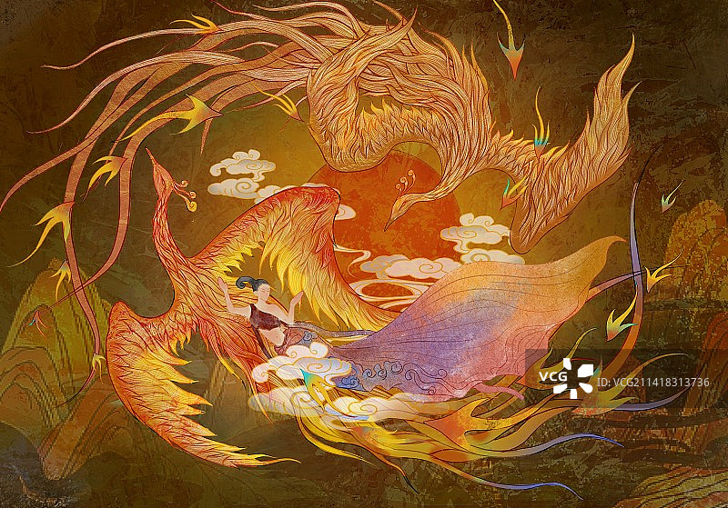 中国风创意插画双凤敦煌图片素材