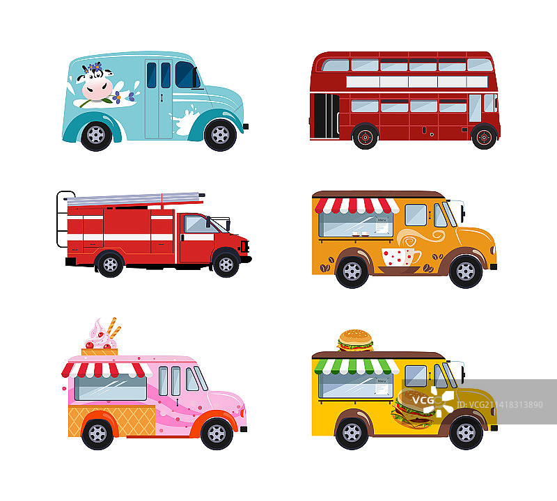 城市中的餐车、巴士、牛奶车和消防车图片素材