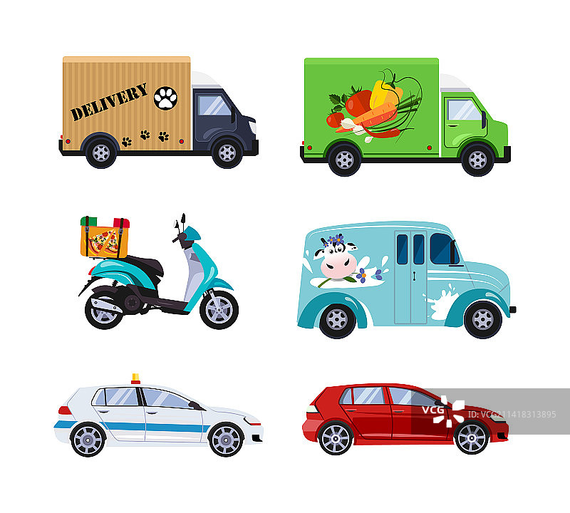 配送和杂货车、货运踏板车、牛奶车图片素材