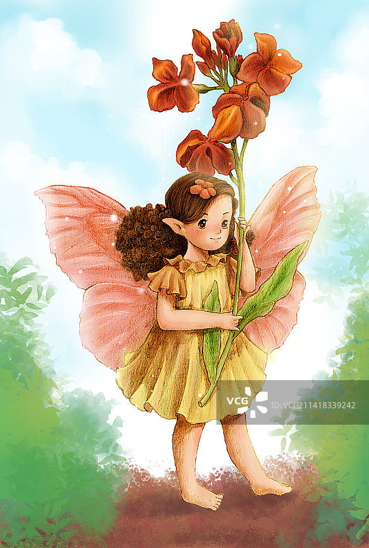 自然女孩精灵拿花束手绘插画图片素材