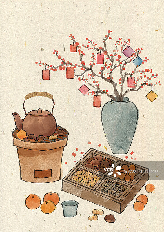 传统新年物品及茶道国风插画图片素材