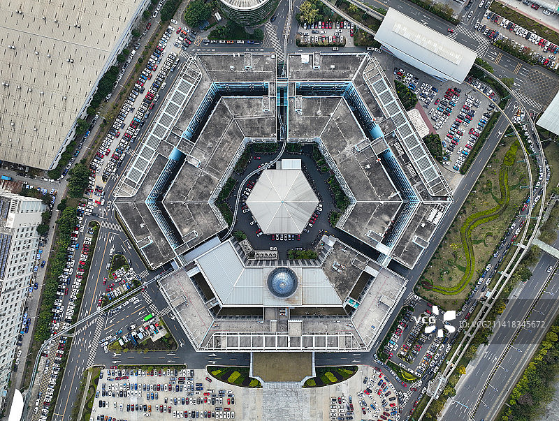 广东省深圳市坪山区比亚迪汽车总部六角大楼航拍图片素材