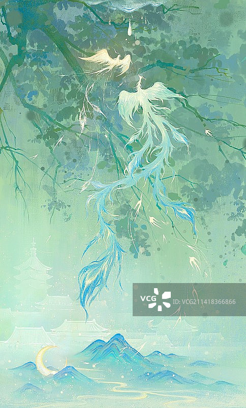 古风青绿山水凤凰清新治愈插画图片素材