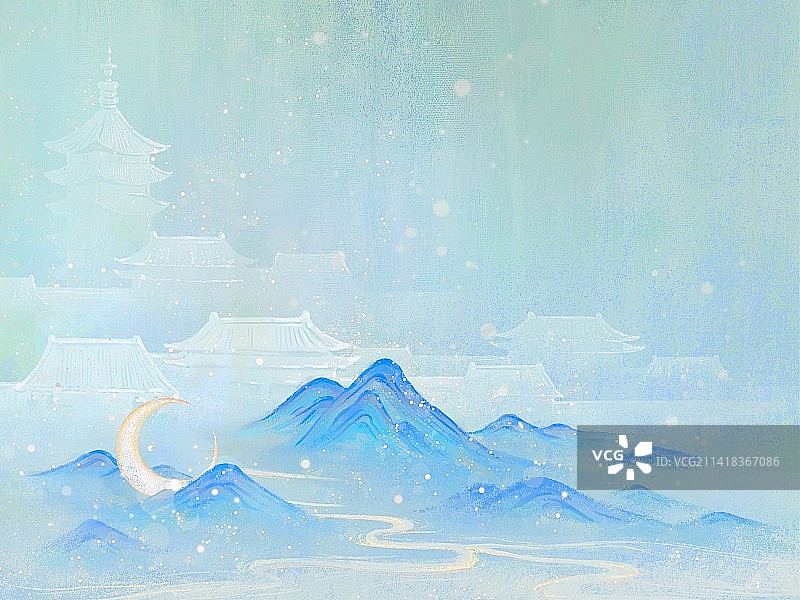 古风青绿山水自然插画清新治愈图片素材