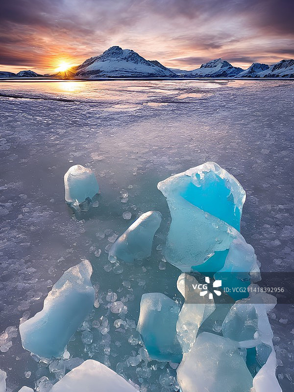 夕阳下的赛里木湖冰图片素材