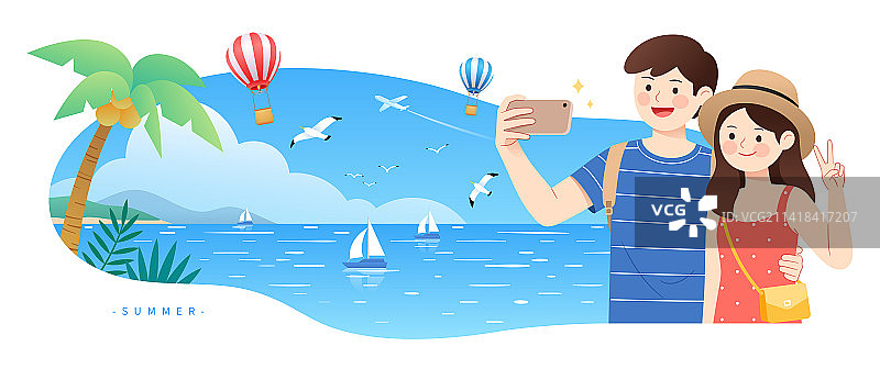 一对情侣在海边拿着手机自拍图片素材