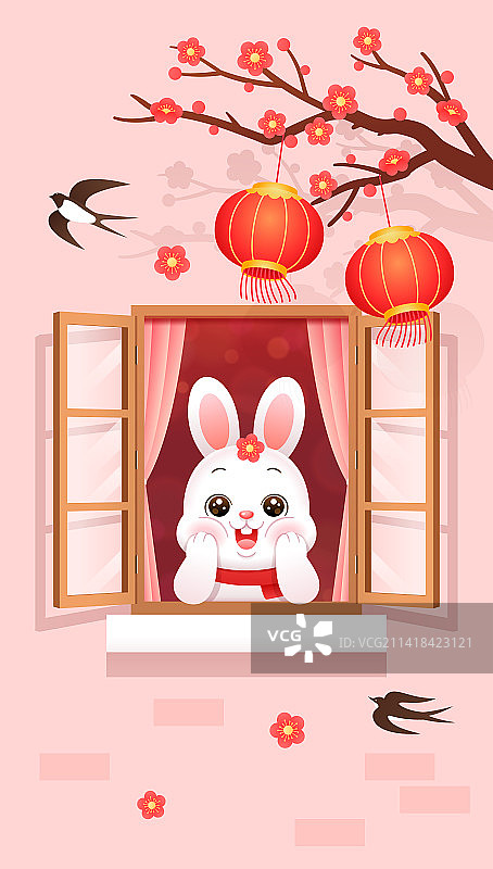 趴在窗边的兔子和梅花灯笼图片素材