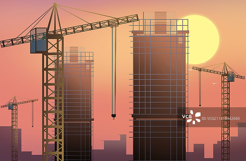 太阳升起工地上洒满阳光都市风景横版图片素材