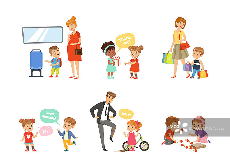 有礼貌的男孩和女孩给女士让座图片素材