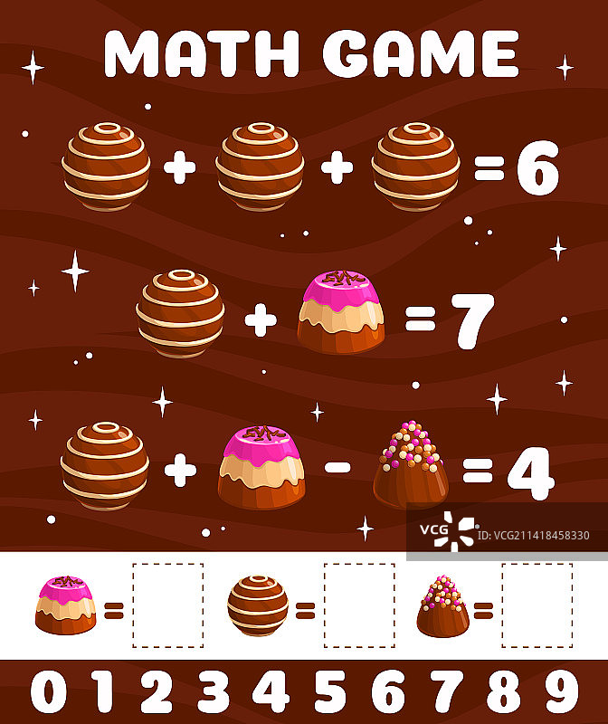 数学游戏工作表上的卡通巧克力糖果图片素材