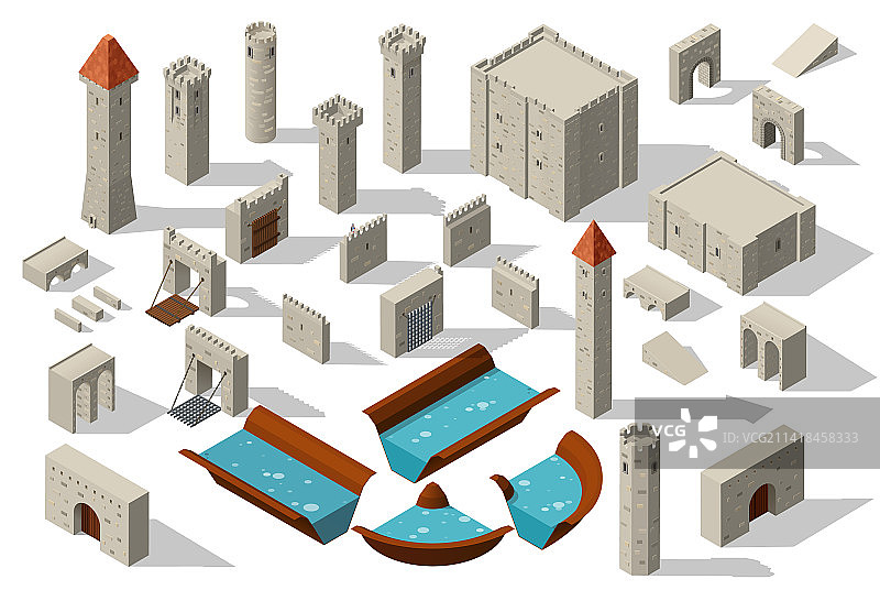 2.5D城堡塔楼、城墙桥梁与护城河图片素材