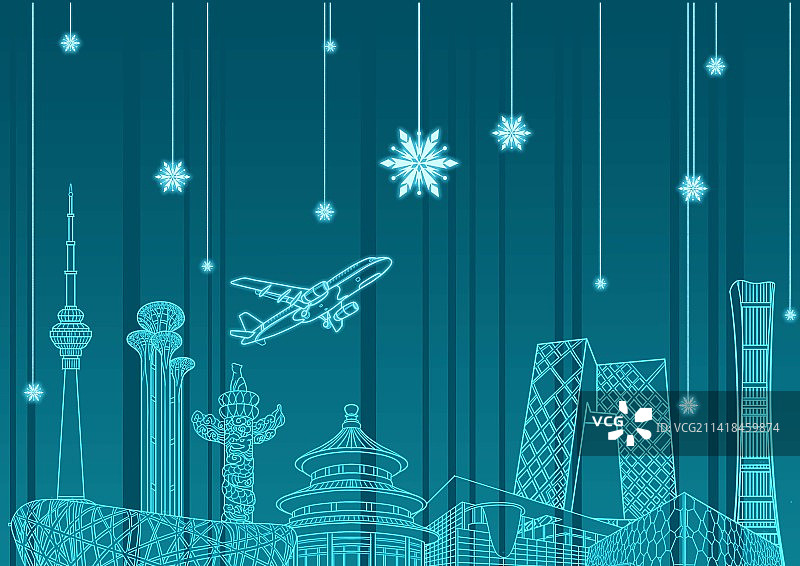 北京现代城市地标建筑线性插画图片素材