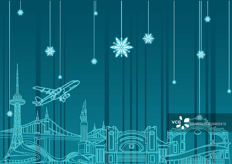 哈尔滨现代城市地标建筑线性插画图片素材