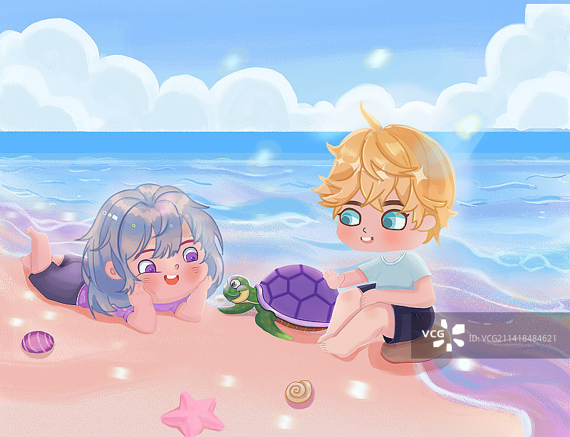 海龟和两个孩子图片素材