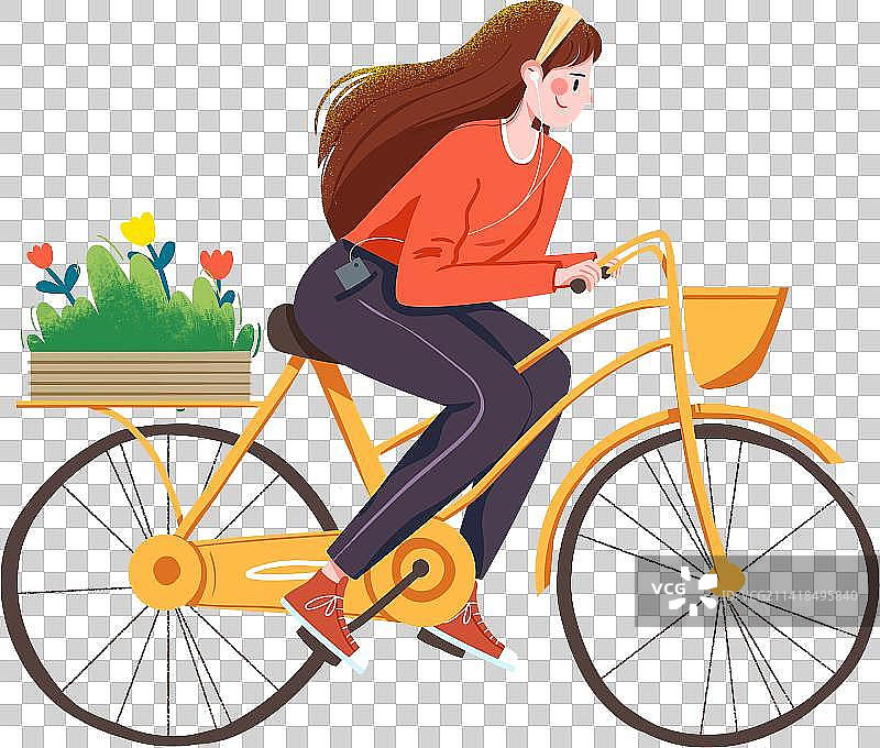 春天骑自行车的女生扁平插画图片素材