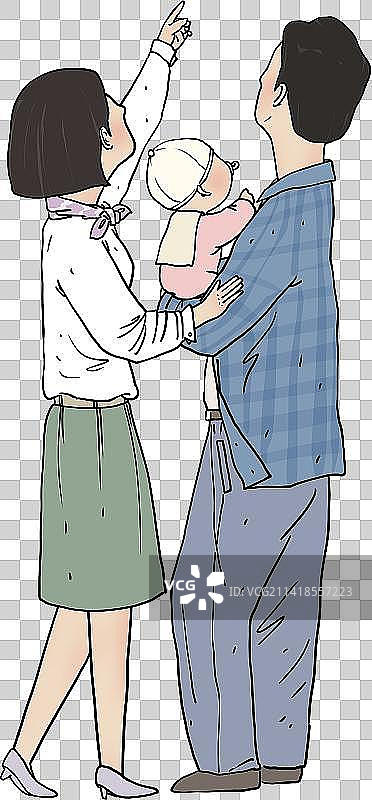 年轻的父母抱着孩子卡通人物背面元素图片素材