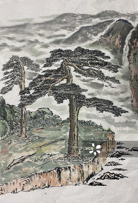 原创水墨国画古风山水意境松树国潮水墨画图片素材
