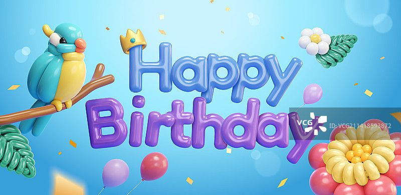 三维可爱蓝色鸟造型气球 生日横幅海报图片素材