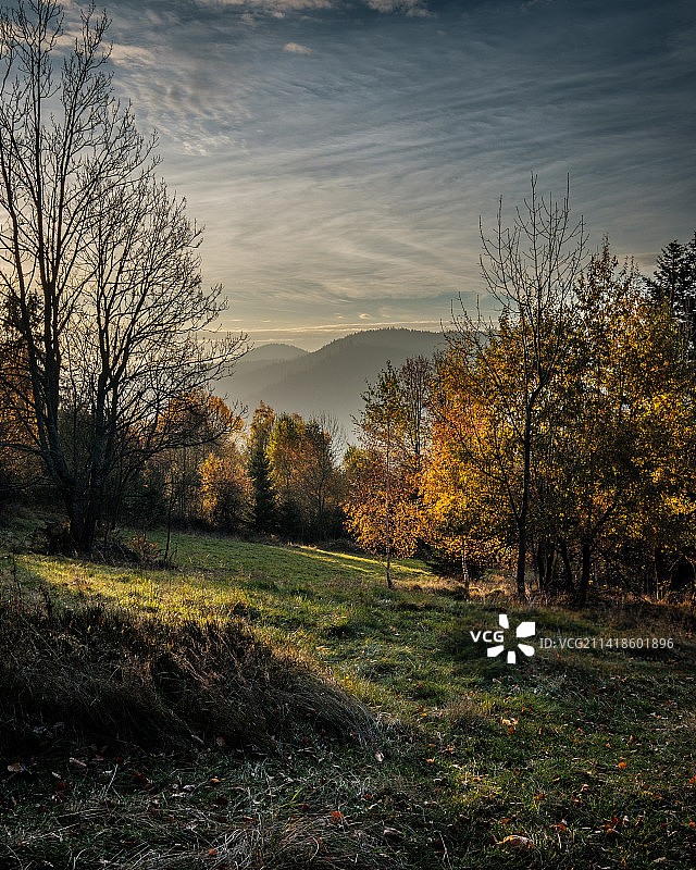 波兰贝斯基德山脉秋季的朦胧清晨图片素材