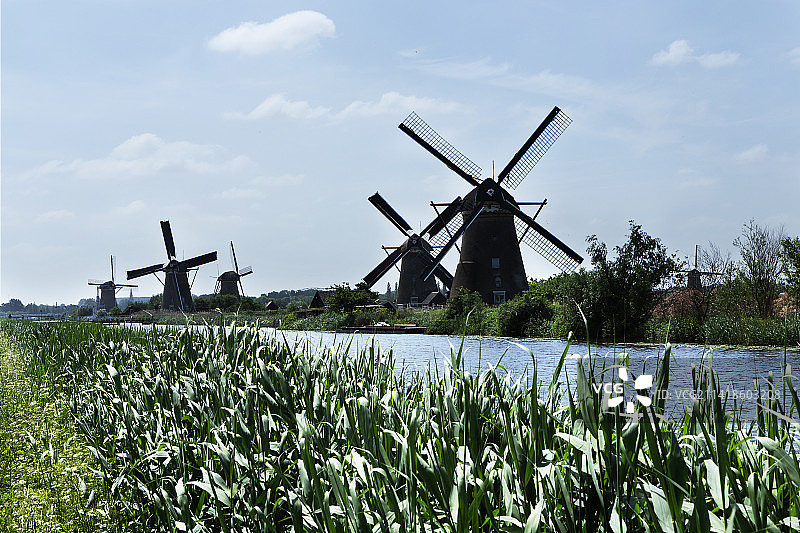 荷兰小孩堤防的传统风车图片素材