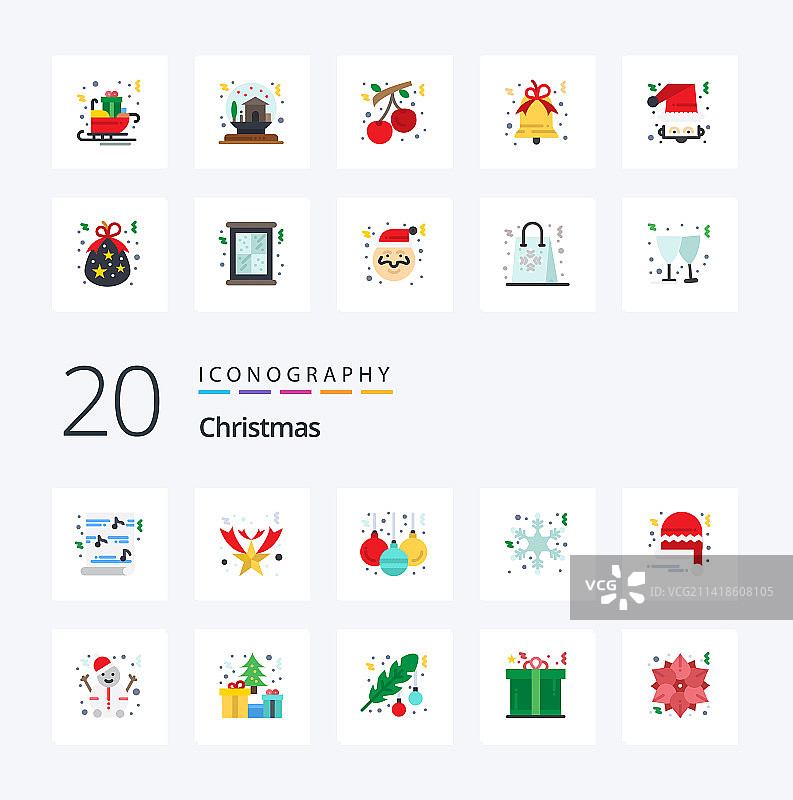 20个圣诞节扁平风格彩色图标包，如下雪圣诞老人图片素材