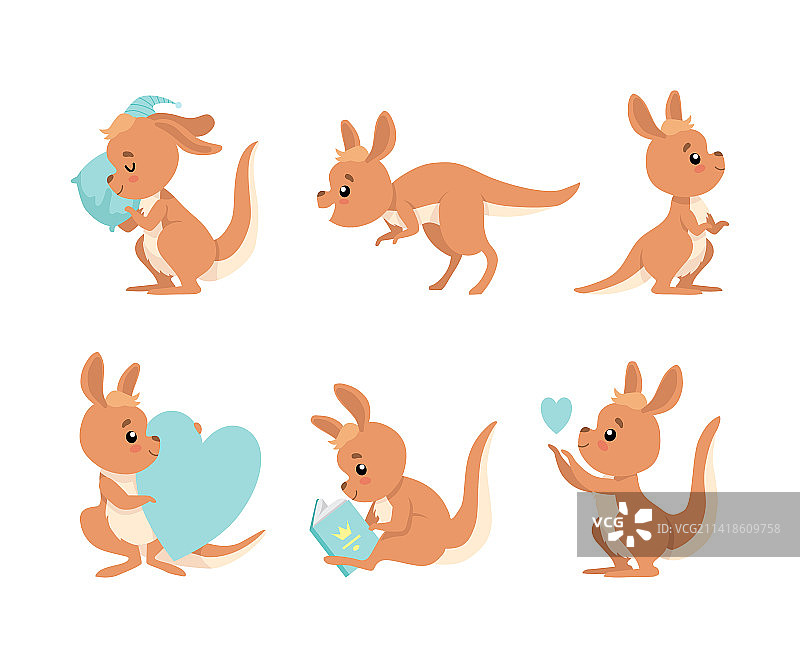 可爱的小袋鼠与蓝色爱心和柔软的枕头图片素材