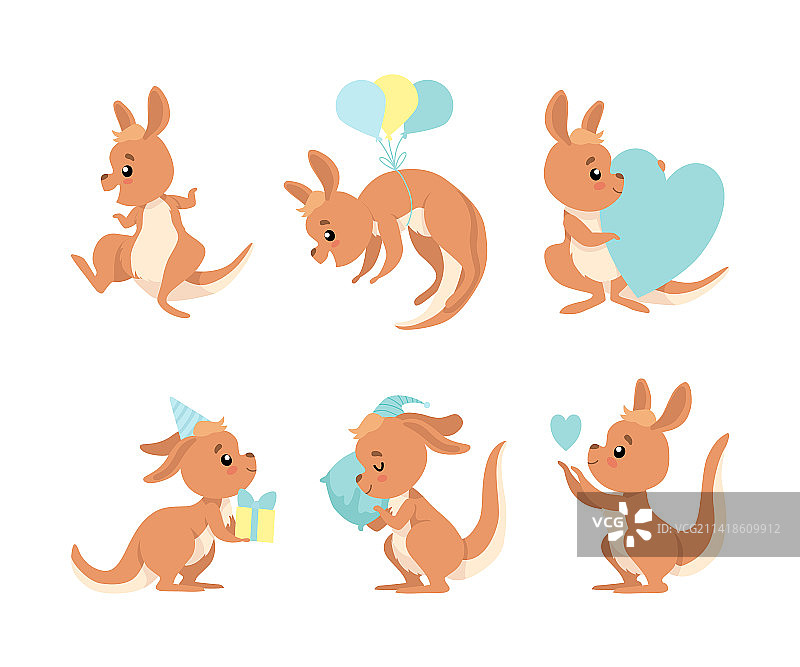 可爱的小袋鼠与蓝色爱心和柔软的枕头图片素材