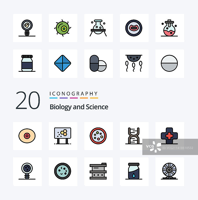 20个生物学线性填充颜色图标包图片素材