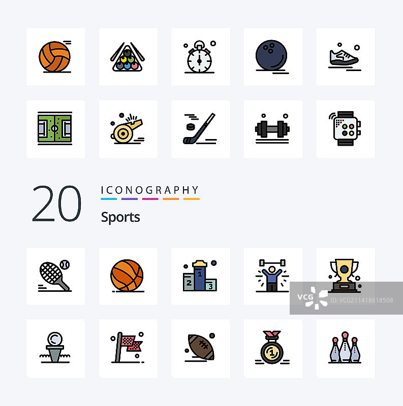 20个体育线条填充颜色图标包，如重量图片素材