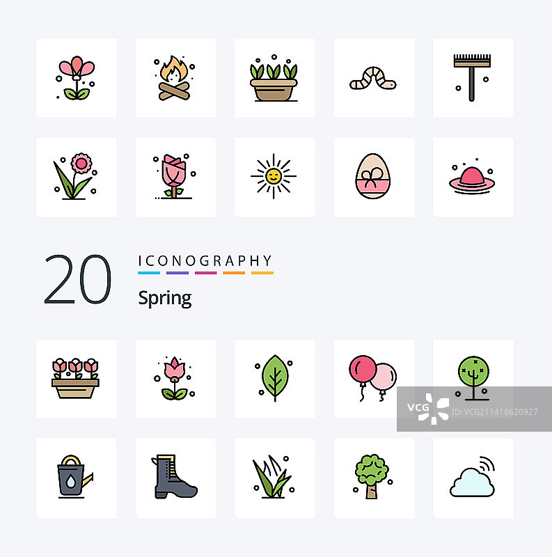 20个莲花主题的春季线性填充彩色图标包图片素材