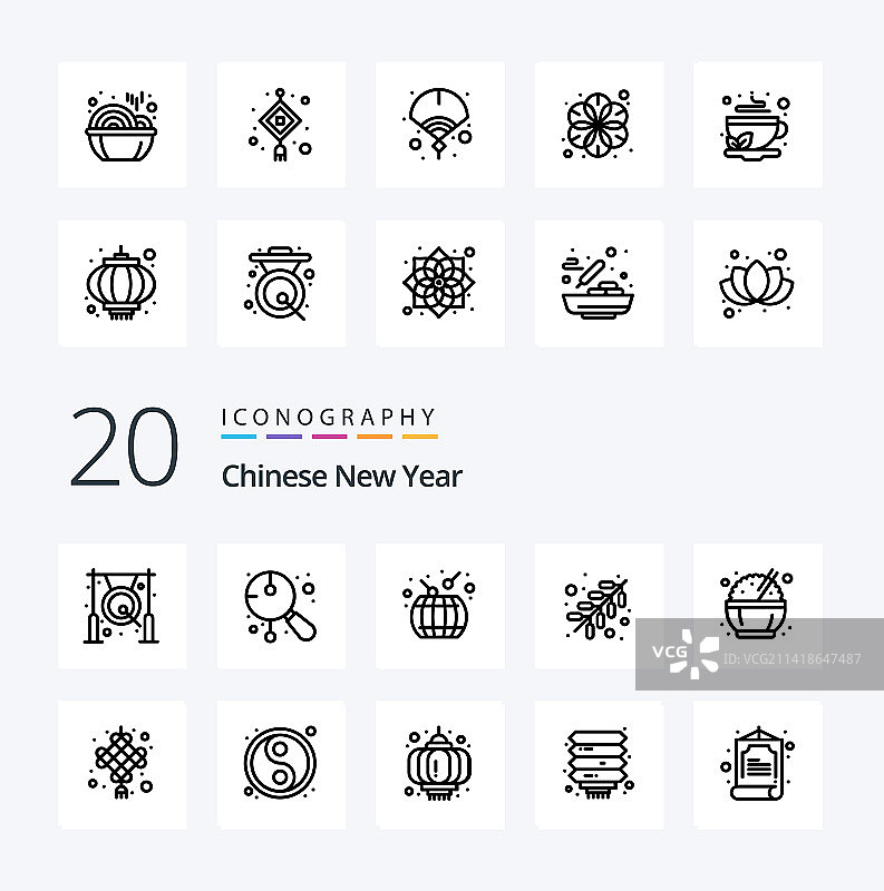 20个中国新年线条图标包，例如中国图片素材