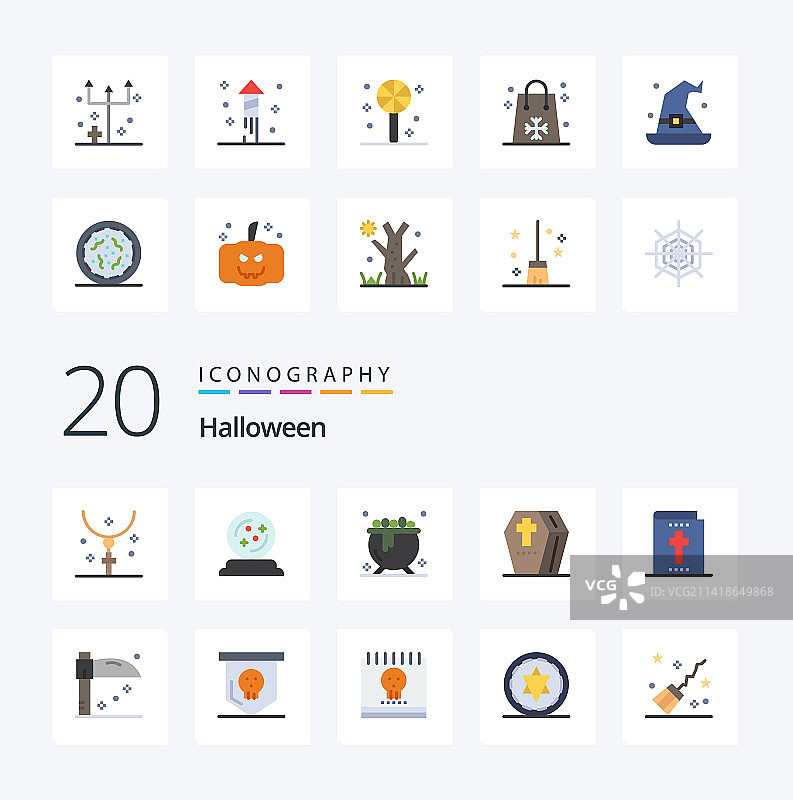 20个万圣节扁平颜色图标包，如圣经图片素材