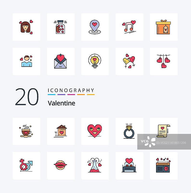 20个情人节线性填充彩色图标包图片素材
