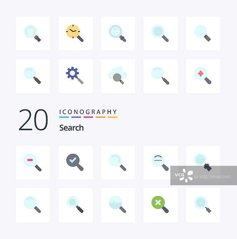 20个搜索扁平风格彩色图标，如搜索时钟图片素材