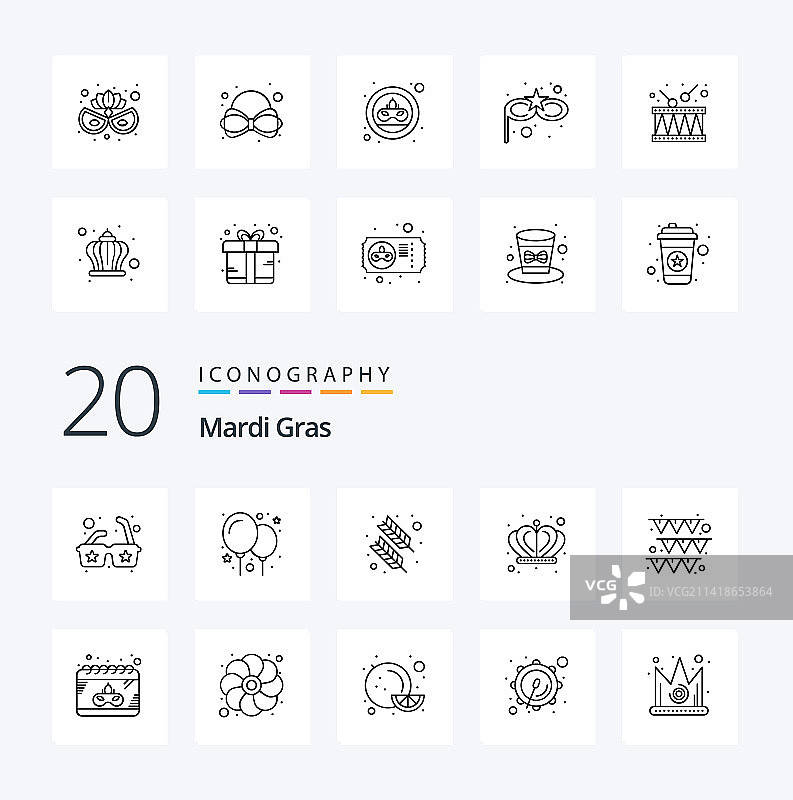 20个狂欢节线性图标包，如日期纸张等图片素材