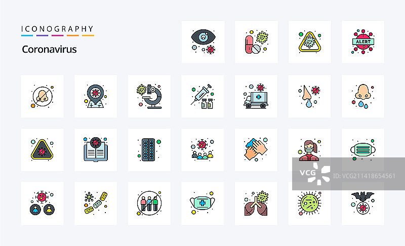 25个冠状病毒线性填充风格图标包图片素材