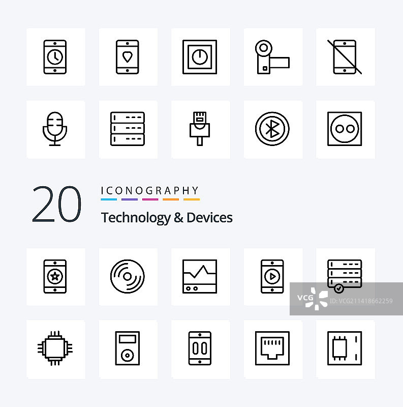 20个设备线性图标包，如播放手机笔记本电脑图片素材