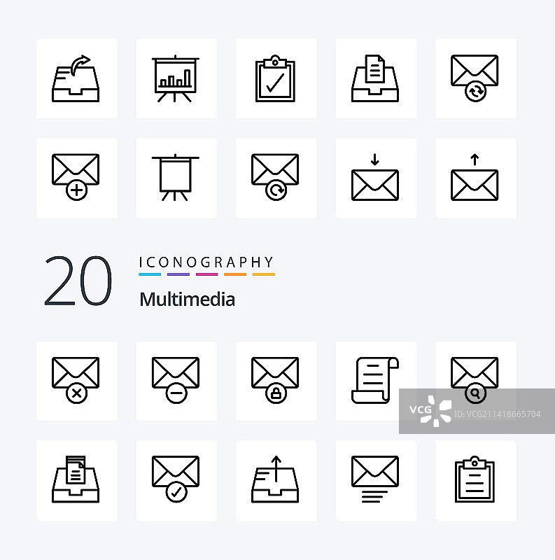 包含演示文稿等20个多媒体线条图标包图片素材