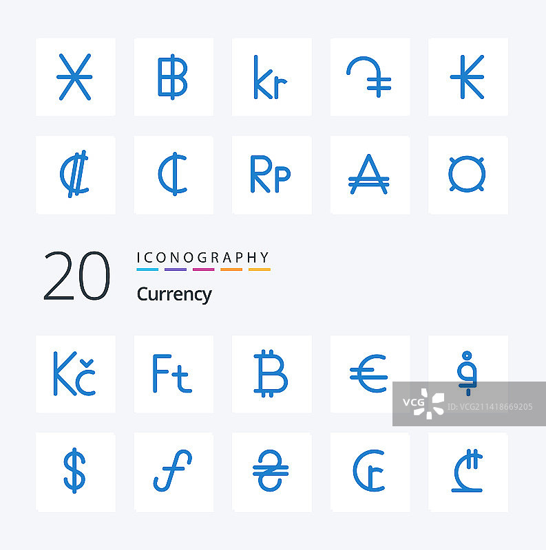 20个货币蓝色彩色图标，如美元图片素材