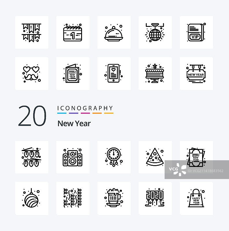 20个新年线性图标包，如贺卡图片素材