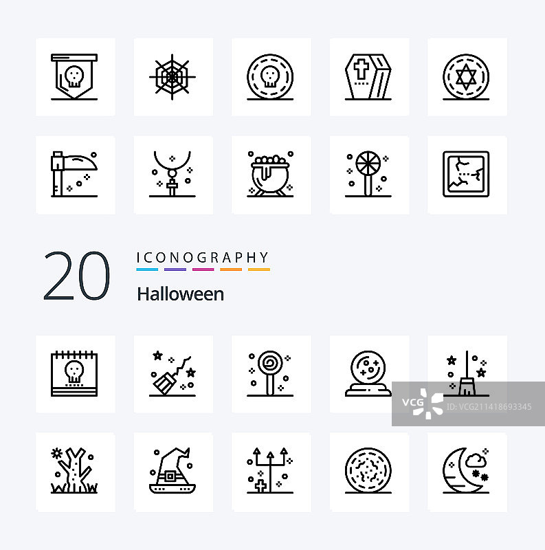 20个万圣节线性图标，如扫帚、十月图片素材