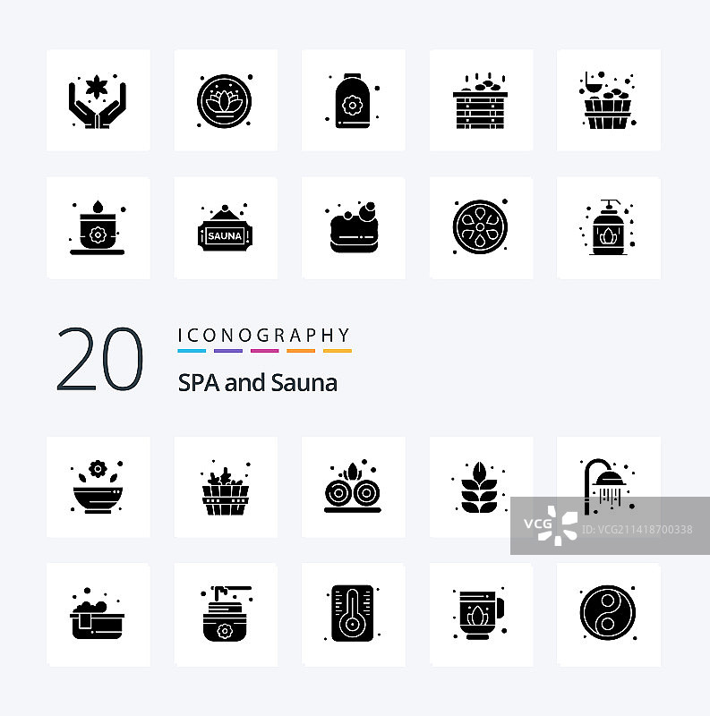 包含按摩浴缸等元素的20个桑拿实体字形图标包图片素材