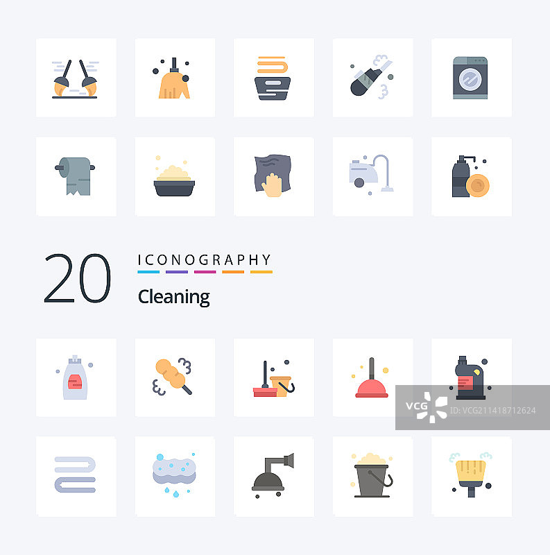20个清洁扁平风格彩色图标，如排水清洁图片素材