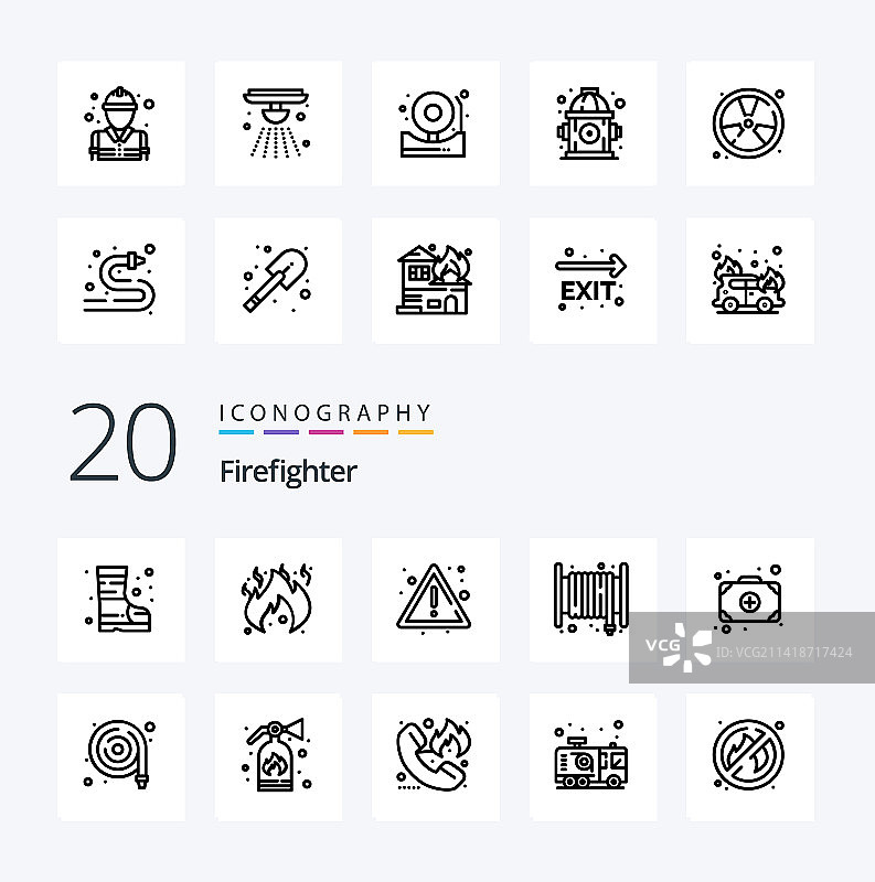 20个消防员线性图标包，如消防员添加图片素材