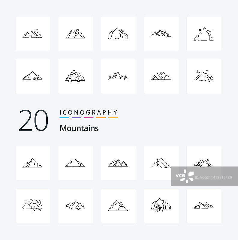 20个山脉线性图标包，如丘陵山峰图片素材