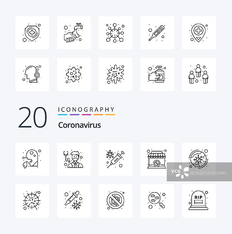 20个冠状病毒线路图标包，如全球标志图片素材