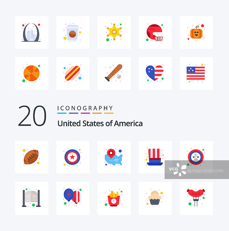 20个美国扁平彩色图标包，如鸟类和美国州图片素材